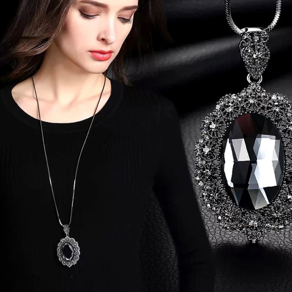 Lace Pattern Oval Gray CZ Pendant Long Necklace For Women - Picture 4 of 4